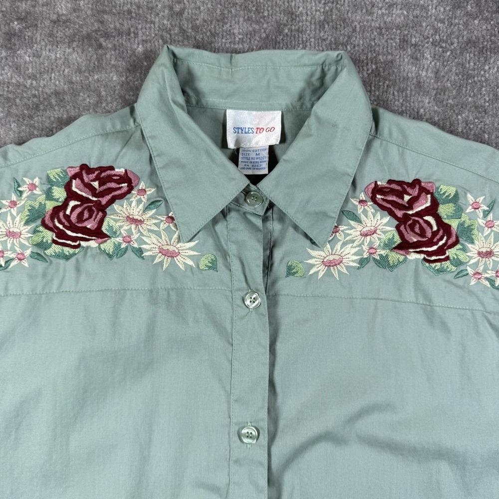Vintage Styles To Go Shirt Women's Medium‎ Green Floral Embroidered Western Boho